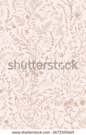 Delicate floral pattern with soft beige wildflowers and foliage on a light background. Elegant, seamless botanical design. 