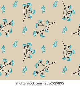Delicate Floral Pattern with Teal Flowers on Beige Background