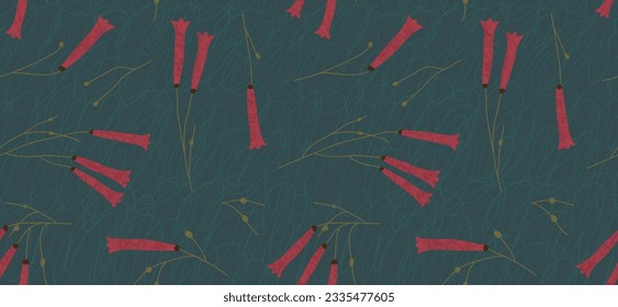 Delicate floral pattern of textured firecracker flowers on deep green backdrop. Simple hand drawn botanical seamless background.