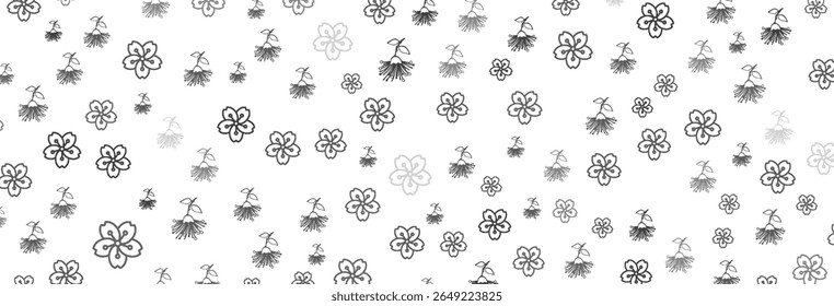 Delicate floral pattern with varying sizes and shapes of minimalist outlined flowers and budding stems in monochromatic grayscale palette, creating a springlike and visually appealing repeat design.
