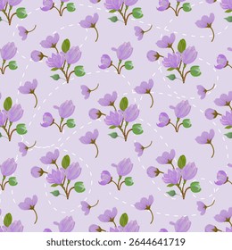 Padrão floral delicado de flores violeta-roxas espalhadas no fundo rosa pastel, perfeito para papelaria feminina, tecido ou papel de embrulho.