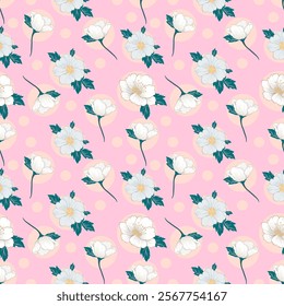 Delicate Floral Pattern with White Blossoms on Soft Pink Background - Feminine Pastel Design for Textiles, Wallpapers, Gift Wraps, and Spring-Themed Digital Art Projects