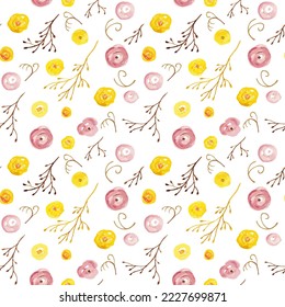 Delicate floral pattern in yellow and pink. Opened buds and brown thin twigs. Seamless vector image on a transparent background.