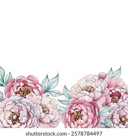 Delicate floral patterns flourish in soft watercolor tones, showcasing elegant peonies surrounded by gentle green leaves in serene beauty template, background