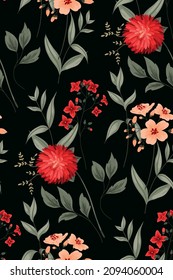 A delicate floral print with a dark atmosphere. Seamless pattern with watercolor botany. Composition of aster flowers, red and pink flowers, various leaves on a dark background. Vector illustration.
