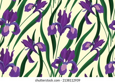 Delicate floral print with flowers and iris leaves. Romantic seamless pattern, elegant botanical background with beautiful hand-drawn plants on a light surface. Vector illustration.