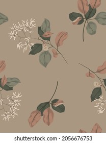 Delicate floral print with leather skumpia sprigs. Seamless pattern with touching twigs, which have tassels of flowers and large leaves. Vector.