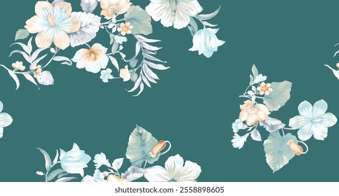 Delicate Floral Print on Teal Background for Fabric Design