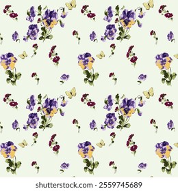 Delicate Floral Print with Pansies and Butterflies, Perfect for Fabrics or Wallpaper.