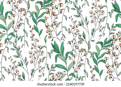 Delicate floral print, seamless pattern with gently painted flower branches, leaves, foliage and herbs on a light field. Romantic botanical background with pastel plants. Vector illustration.