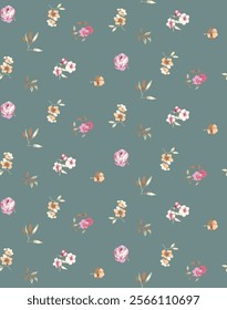 Delicate Floral Print Seamless Pattern on Teal Background