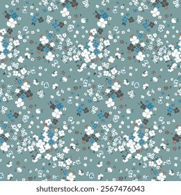 Delicate Floral Print Seamless Pattern in Teal and White