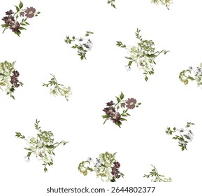 Delicate Floral Print Seamless Pattern on White Background