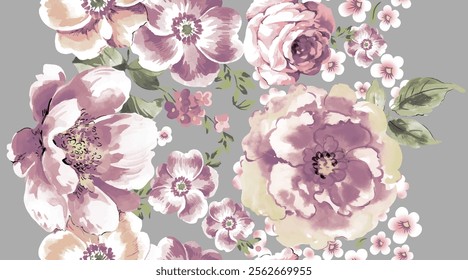 Delicate Floral Print in Shades of Lavender and Pink on a Grey Background