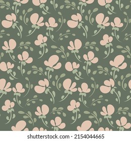 Delicate floral print with small hand drawn flowers, leaves in pale colors. Seamless pattern, romantic botanical background with simple composition, artistic plants. Vector illustration.