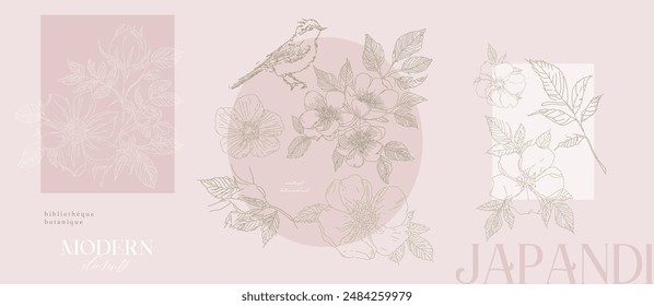 Delicate floral prints with wild rose flowers, rose hips branches, birds. Soft pastel pink aesthetics art, posters, minimal artistic. Japanese style