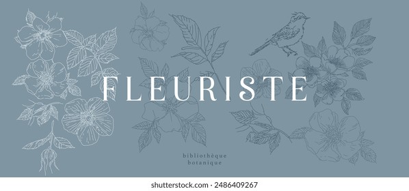 Delicate floral prints with wild rose flowers, rose hips branches, birds. Soft pastel pink aesthetics art, posters, minimal artistic. Japanese style