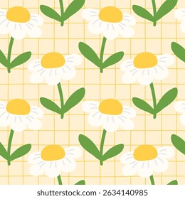 Delicate floral repeat with chamomile in kawaii style. Vector background for fabric, wallpapers, and kids products
