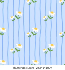 Delicate floral repeat with chamomile in kawaii style. Vector background for fabric, wallpapers, and kids products