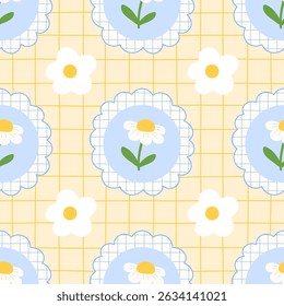 Delicate floral repeat with chamomile in kawaii style. Vector background for fabric, wallpapers, and kids products