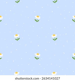 Delicate floral repeat with chamomile in kawaii style. Vector background for fabric, wallpapers, and kids products