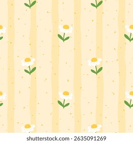Delicate floral repeat with chamomile in kawaii style. Vector background for fabric, wallpapers, and kids products