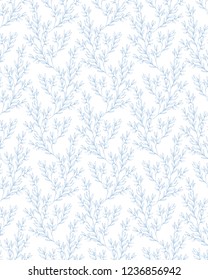 Delicate Floral Repeatable Vector Pattern. Blue Twigs and Leaves on a White Background. Pastel Color Design. Lovely Hand Drawn BlueTree Branches Isolated on White. Blue Sketched Abstract Garden.