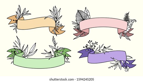 Delicate floral ribbon frame set collection. Vector illustration on a white isolated background. For wedding invitations, greeting cards, templates.