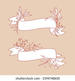 Delicate floral ribbon frame set collection. Vector illustration on a pink nude background. For wedding invitations, greeting cards, templates.