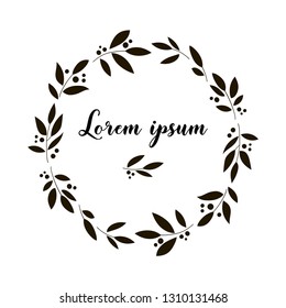 Delicate floral round frame with space for text. Black and white vector template.