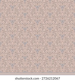 Delicado patrón de borde sin fisuras de desplazamiento floral – Repetición Horizontal. Elegante patrón de borde de pergamino floral sin costuras con delicado arte de línea Diseñado para la repetición Horizontal con banda inferior decorativa. Paleta de rubor suave rosa y gris, ideal para Fondo de pantalla, tela y papelería.