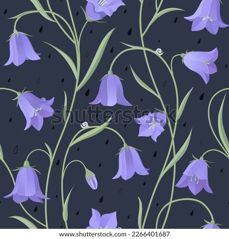Delicate floral seamless pattern with bellflower plants, snails and raindrops on a dark background