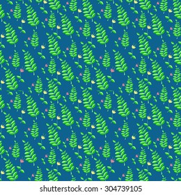 Delicate floral seamless pattern in bright green and dark green colors on a dark blue background. Seamless pattern, background, texture. Vector ornament. flowers pattern. Seamless floral pattern.