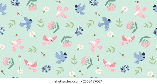 Delicate floral seamless pattern with cute birds. Vector design for paper, cover, fabric, interior decor and other use