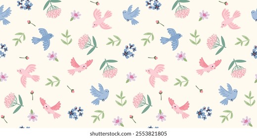 Delicate floral seamless pattern with cute birds. Vector design for paper, cover, fabric, interior decor and other use