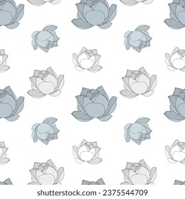 Delicate floral seamless pattern with deep and white lotus flowers on a white background. Vector pattern for design of clothes, covers, wallpapers, various backgrounds and wrapping paper.
