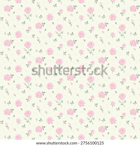 Delicate floral seamless pattern featuring pink roses, buds, and green leaves. Shabby chic vintage style vector background for textile, nursery wallpaper, wedding invitation, and gift wrapping paper.