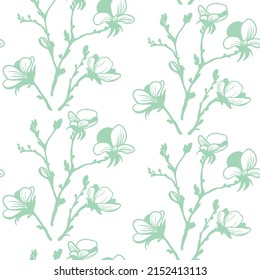 Delicate floral seamless pattern in pastel greenery on a white background. Outline of spring blooms template for printing paper, wallpaper and fabric in vintage style.