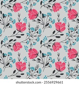 Delicate Floral Seamless Pattern with Pink Flowers and Teal Accents