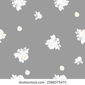 Delicate Floral Seamless Pattern with Roses and Lilies on a Gray Background