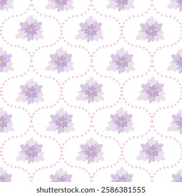 Delicate floral seamless pattern with soft purple flowers with vintage lattice design for fabrics, wallpapers, wrapping paper, textile prints, stationery, etc. EPS 10