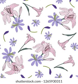 delicate floral seamless pattern.Hand drawn  flowers, bouquet.compositions with flowers and leaves.lilac flowers. Lilies and agapanthus.Spring holiday. Vintage style.
