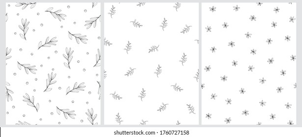 Delicate Floral Seamless Vector Pattern with Hand Drawn Green Olive Twigs, Wild Flowers and Leaves Isolated on a White Background. Retro Style Delicate Black Sketched Floral Print.