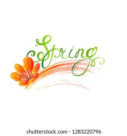 Delicate floral spring background with abstract leaves and orange flower clivia.