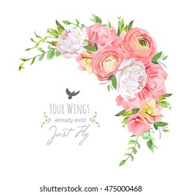 Delicate floral vector frame with bright ranunculus, peony, rose, carnation, green plants on white. Pink and white flowers. Crescent shape bouquet. All elements are isolated and editable.