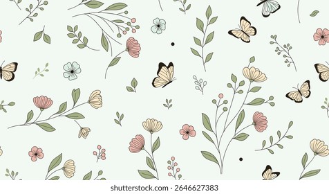 Delicate Floral Vector Illustration with Butterflies and Leaves for Textile and Wallpaper