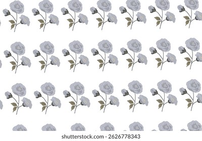 A delicate floral vector pattern featuring stylized grey rose-like blossoms and olive-green leaves 