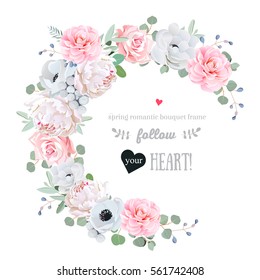 Delicate floral vector round frame with peony, rose, camellia, anemone, eucalyptus, brunia on white. Pink and white flowers. Half moon shape bouquet. All elements are isolated and editable