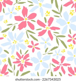 Delicate floral vector seamless pattern. Blue, pink flowers, green leaves on a white background. For fabric prints, textiles. Spring-summer collection.