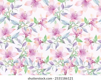 Un delicado patrón de acuarela floral que muestra lirios pastel suaves y hojas verdes sobre un fondo blanco. Ideal para impresiones de tela, papelería y proyectos de decoración del hogar